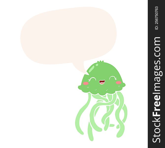 Cute Cartoon Jellyfish And Speech Bubble In Retro Style
