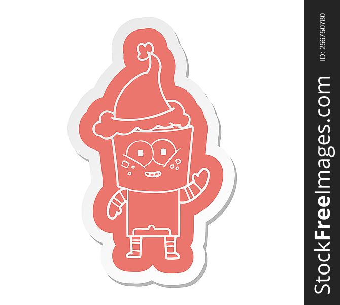 happy quirky cartoon  sticker of a robot waving hello wearing santa hat