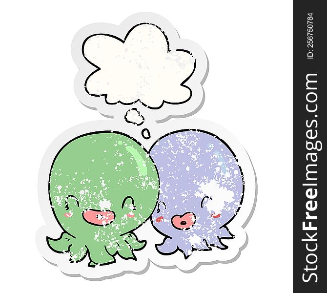 Two Cartoon Octopi  And Thought Bubble As A Distressed Worn Sticker