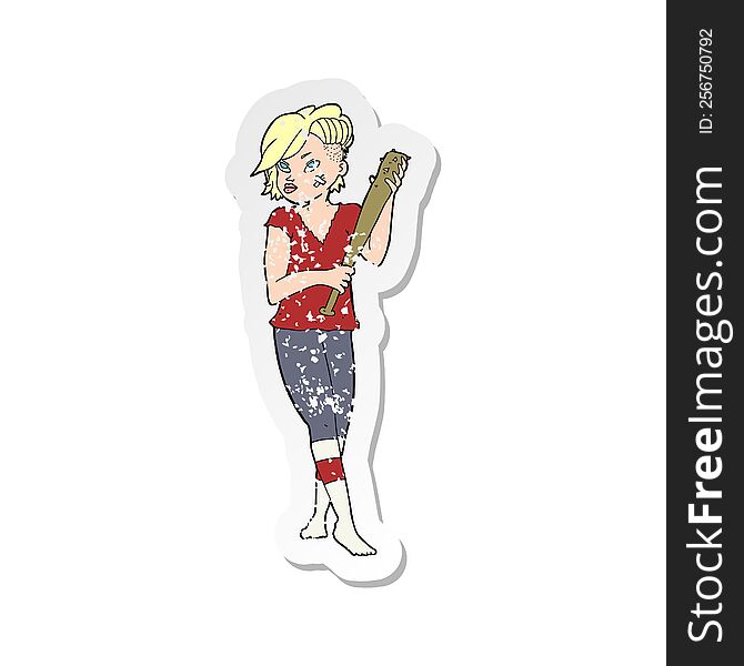 retro distressed sticker of a cartoon pretty punk girl with baseball bat