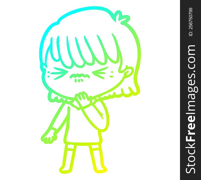 cold gradient line drawing of a cartoon girl regretting a mistake