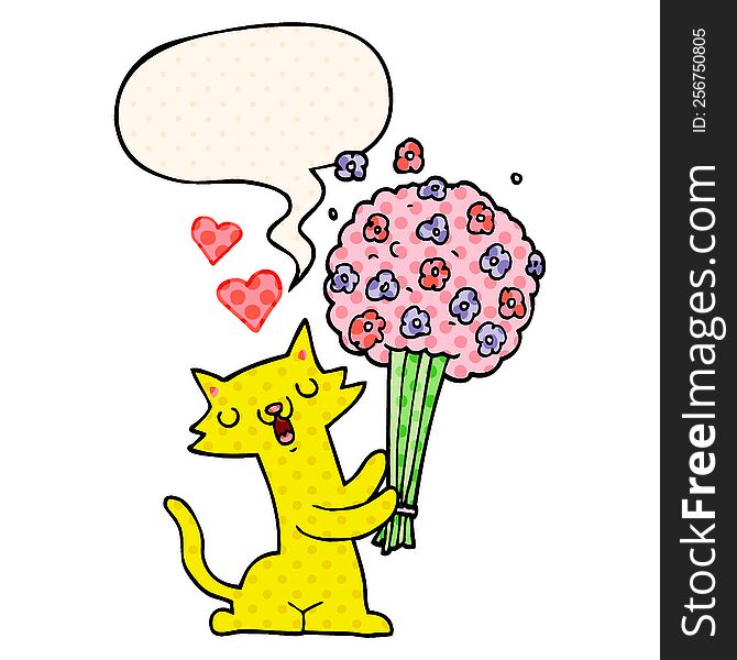 cartoon cat in love with flowers with speech bubble in comic book style. cartoon cat in love with flowers with speech bubble in comic book style