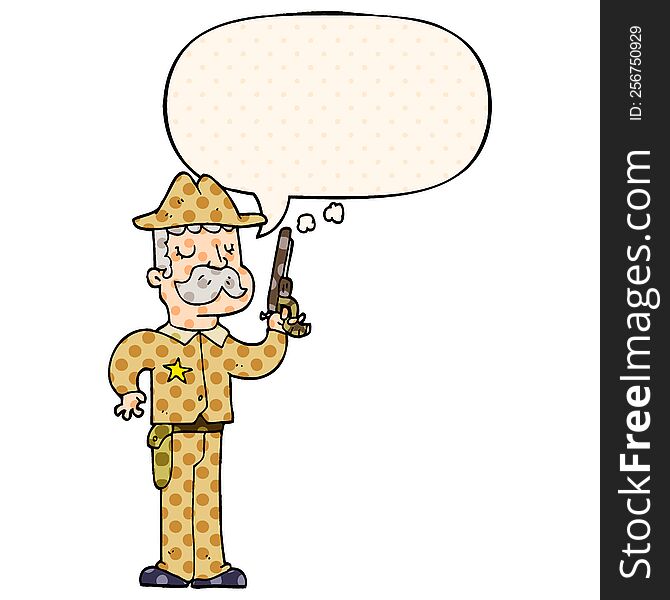 cartoon sheriff with speech bubble in comic book style