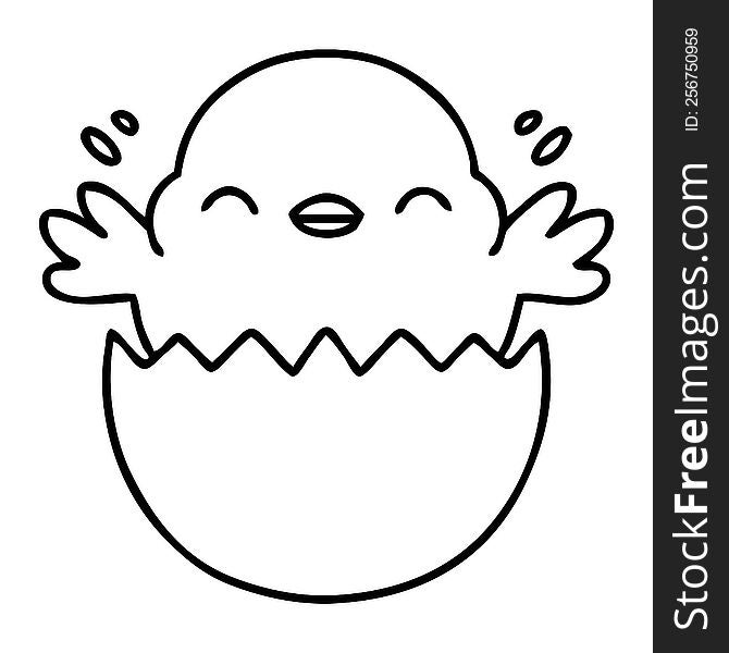 line doodle of a cute baby bird hatching from an egg shell. line doodle of a cute baby bird hatching from an egg shell