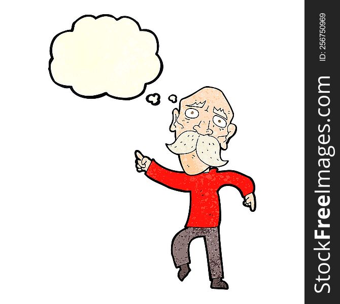 Cartoon Sad Old Man Pointing With Thought Bubble