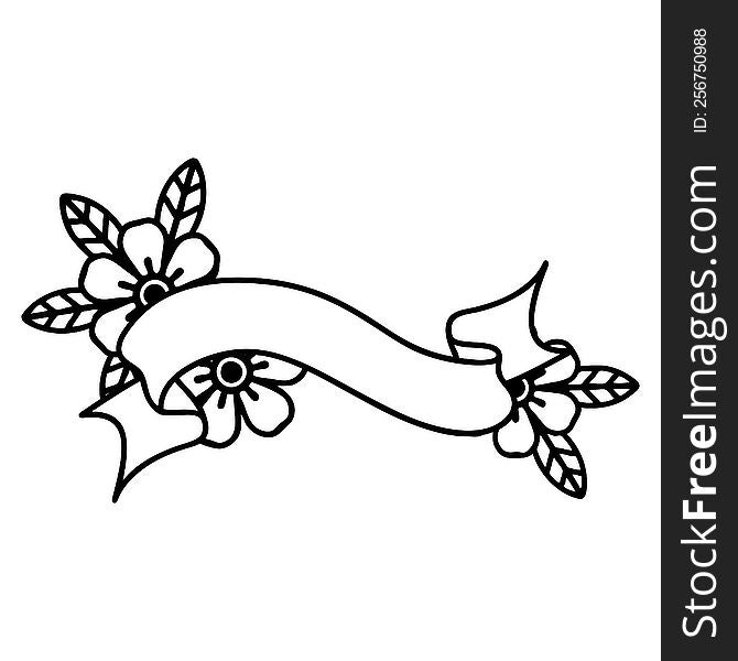 tattoo in black line style of a banner and flowers. tattoo in black line style of a banner and flowers