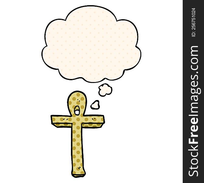 cartoon ankh symbol with thought bubble in comic book style