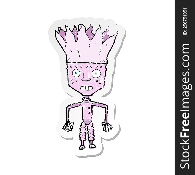 retro distressed sticker of a funny cartoon robot wearing crown