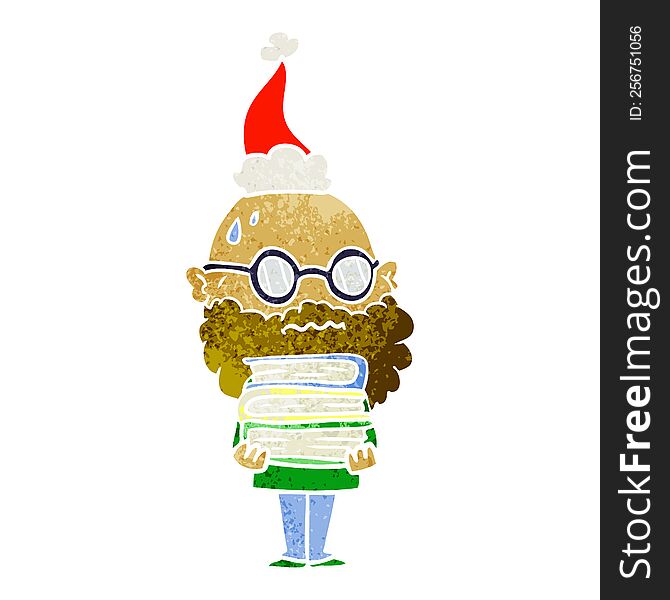 hand drawn retro cartoon of a worried man with beard and stack of books wearing santa hat