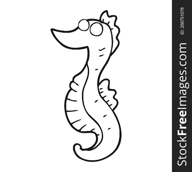 freehand drawn black and white cartoon seahorse