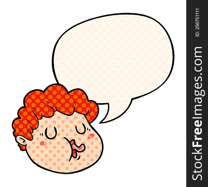 cartoon male face with speech bubble in comic book style