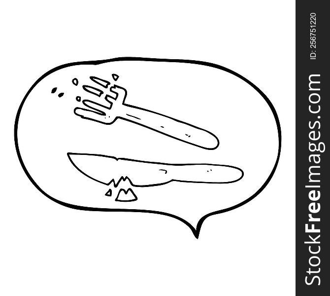 freehand drawn speech bubble cartoon cracked plastic cutlery