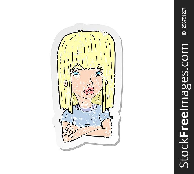 retro distressed sticker of a cartoon girl with folded arms