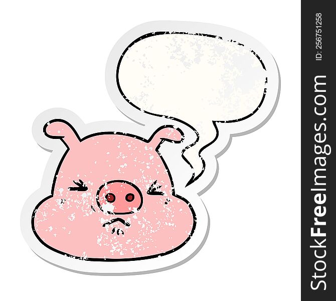 Cartoon Angry Pig Face And Speech Bubble Distressed Sticker