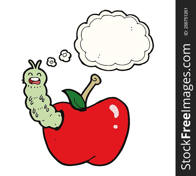 cartoon bug eating apple with thought bubble