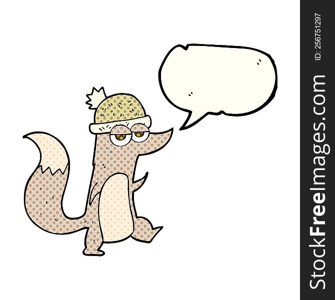 Comic Book Speech Bubble Cartoon Little Wolf Wearing Hat