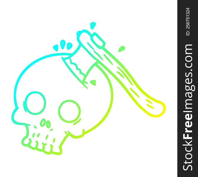 Cold Gradient Line Drawing Cartoon Axe In Skull