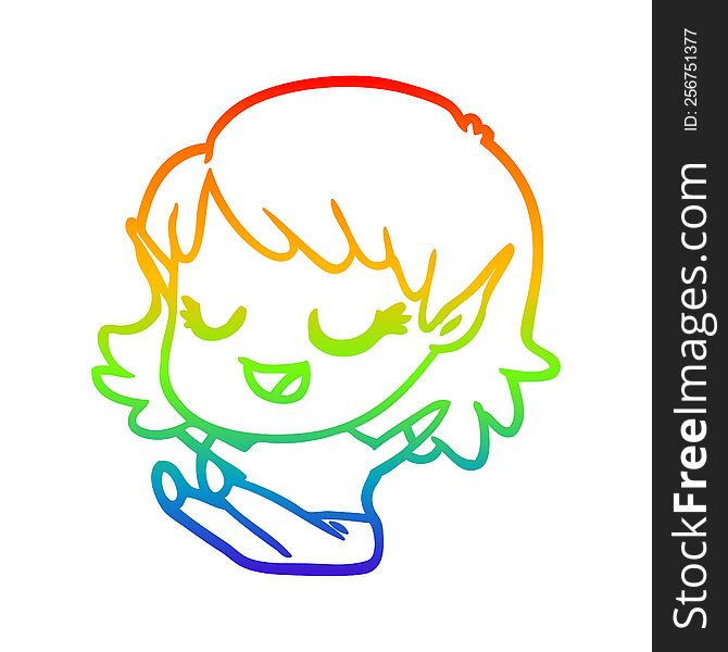 Rainbow Gradient Line Drawing Happy Cartoon Elf Girl Sitting