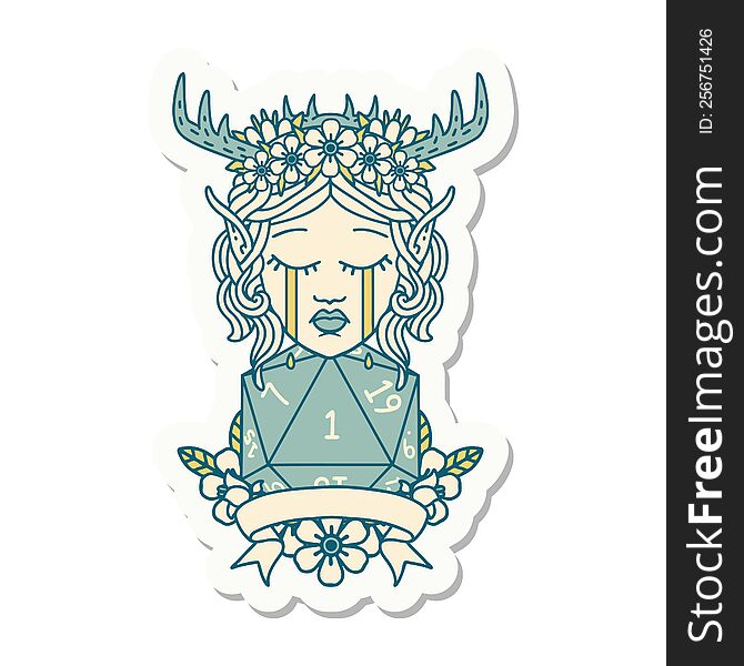 sticker of a sad elf druid character face with natural one D20 roll. sticker of a sad elf druid character face with natural one D20 roll