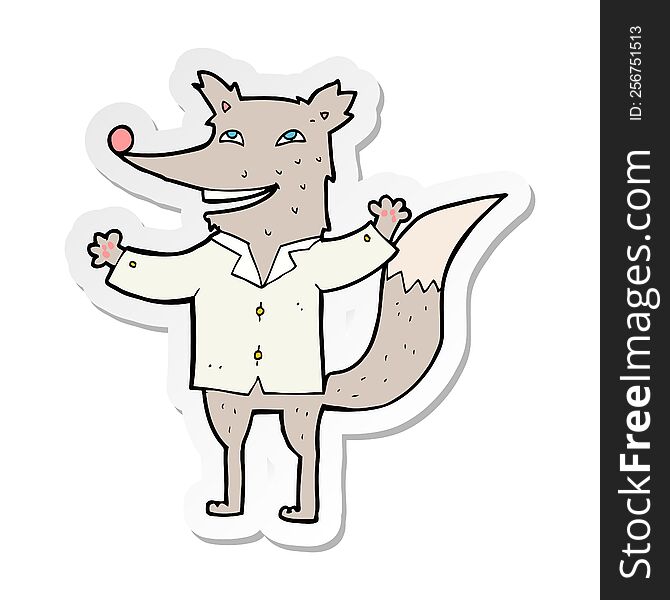 sticker of a cartoon happy wolf wearing shirt