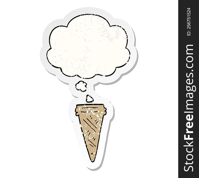 cartoon ice cream cone with thought bubble as a distressed worn sticker