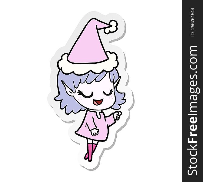 happy hand drawn sticker cartoon of a elf girl pointing wearing santa hat. happy hand drawn sticker cartoon of a elf girl pointing wearing santa hat