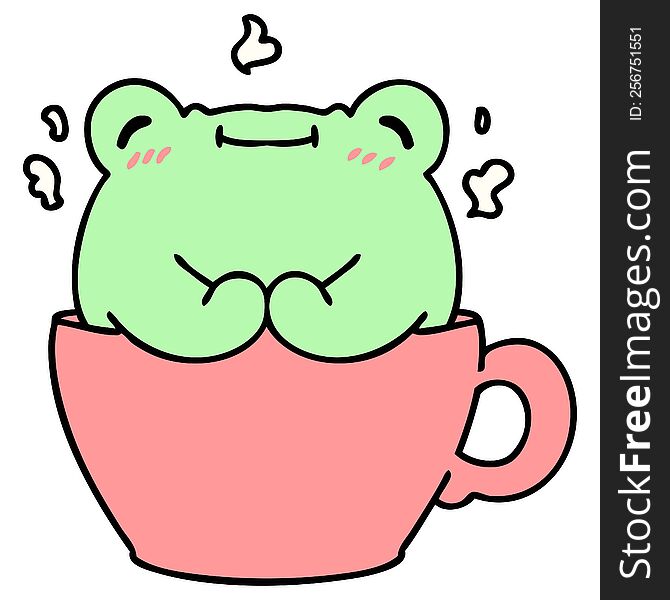 cartoon of a cute frog sitting in a coffee cup. cartoon of a cute frog sitting in a coffee cup
