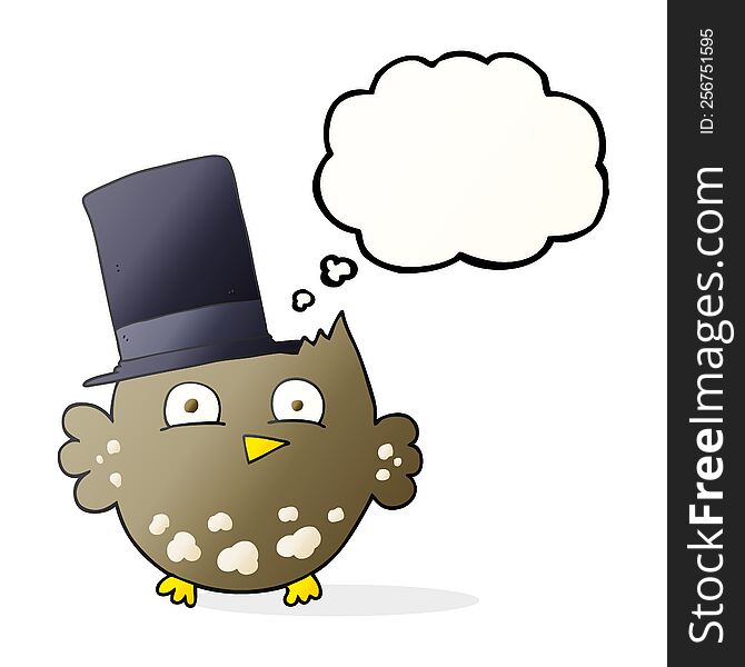 freehand drawn thought bubble cartoon little owl with top hat