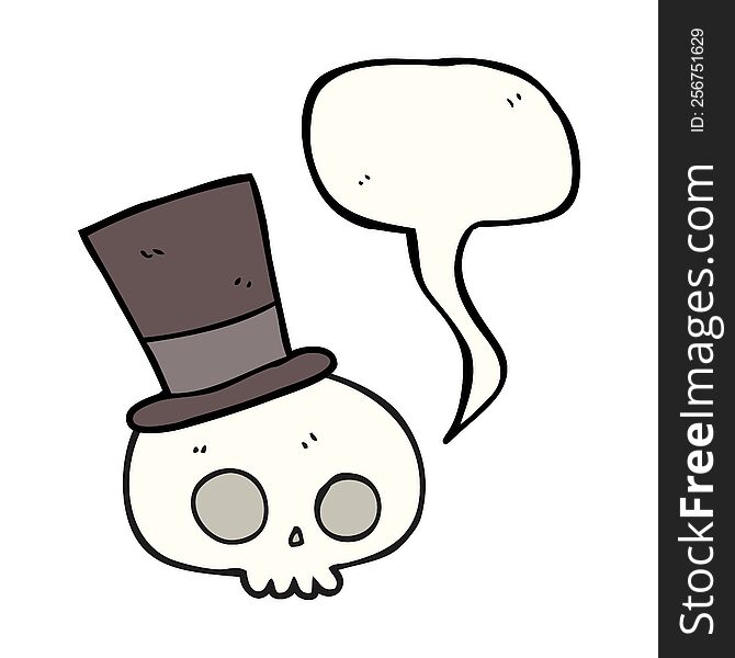freehand drawn speech bubble cartoon skull wearing top hat