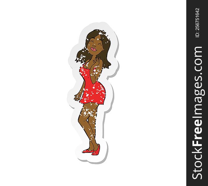 retro distressed sticker of a cartoon pretty woman in cocktail dress