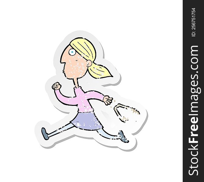 Retro Distressed Sticker Of A Cartoon Running Woman Stressed