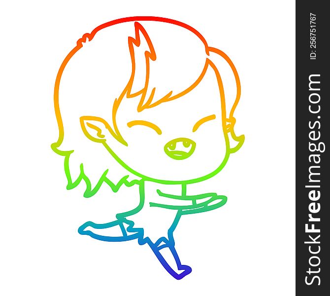 rainbow gradient line drawing of a cartoon laughing vampire girl running