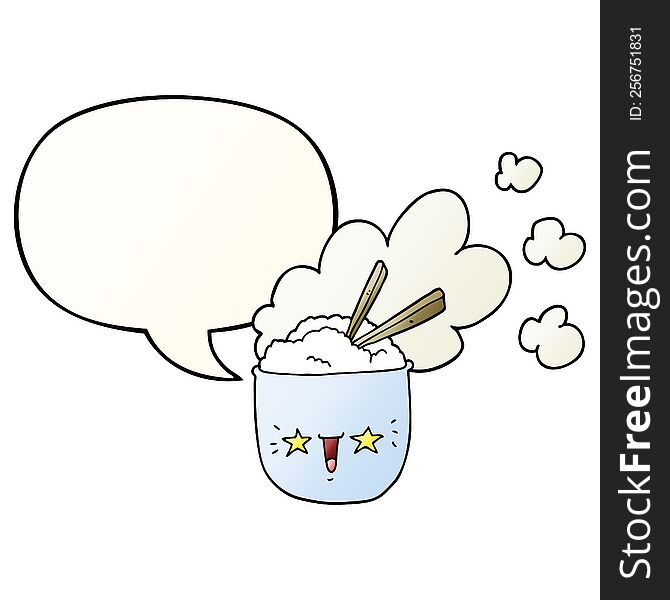 cute cartoon hot rice bowl with speech bubble in smooth gradient style