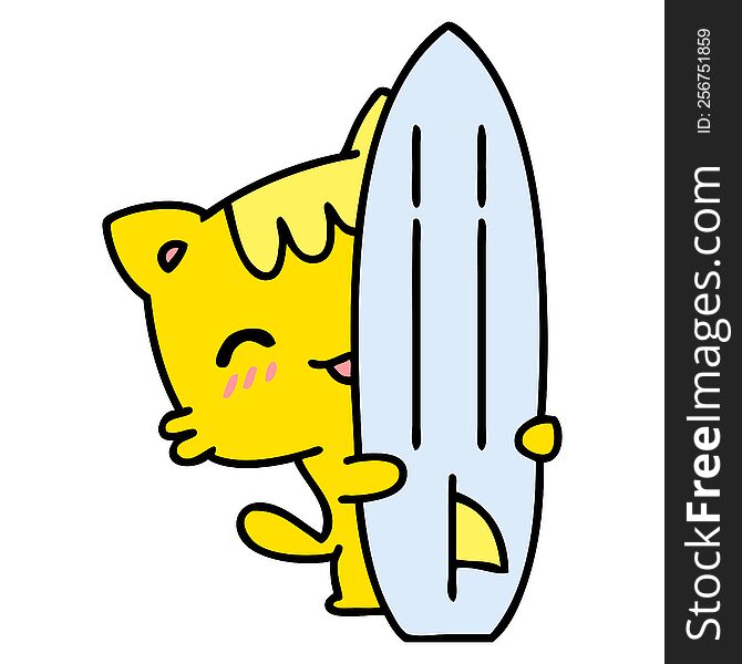 cartoon of a cute cat with a surfboard. cartoon of a cute cat with a surfboard