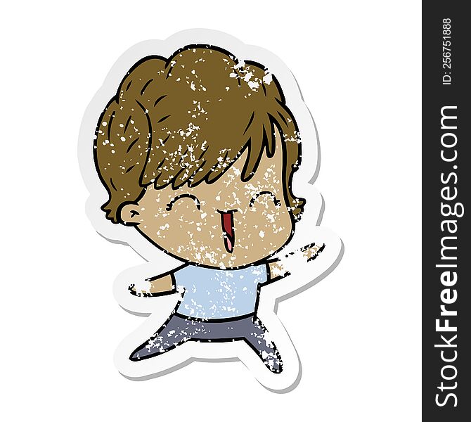 distressed sticker of a cartoon laughing woman