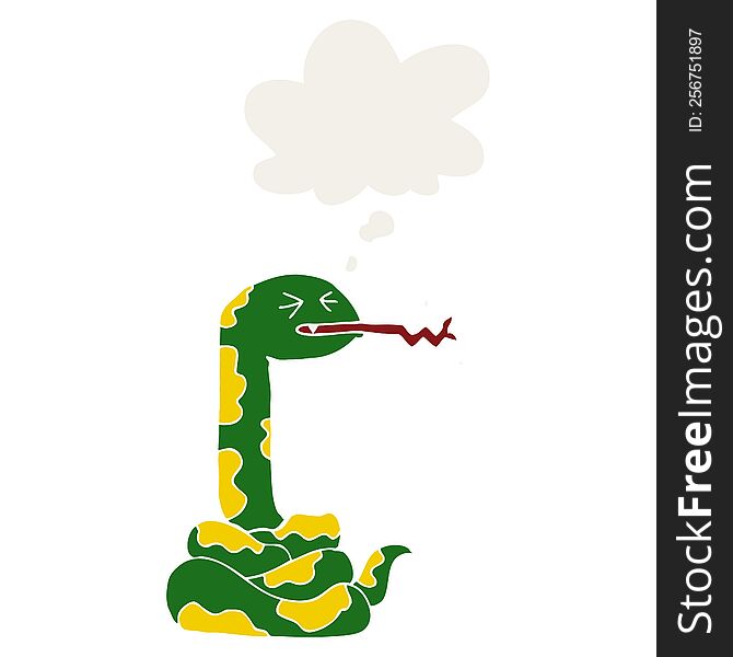 cartoon hissing snake with thought bubble in retro style