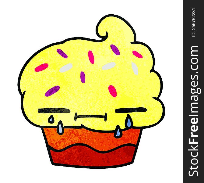freehand drawn textured cartoon of a crying cupcake