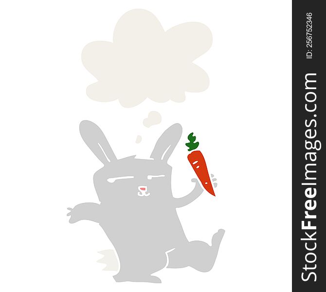 cartoon rabbit with carrot and thought bubble in retro style