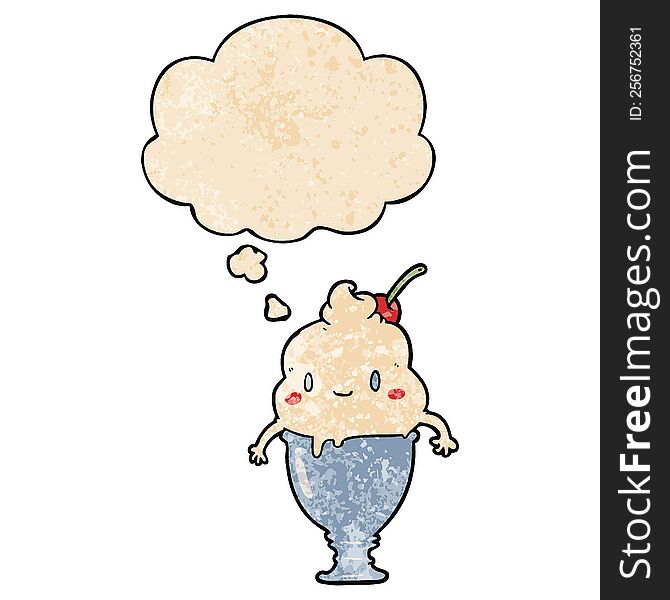 Cute Cartoon Ice Cream And Thought Bubble In Grunge Texture Pattern Style