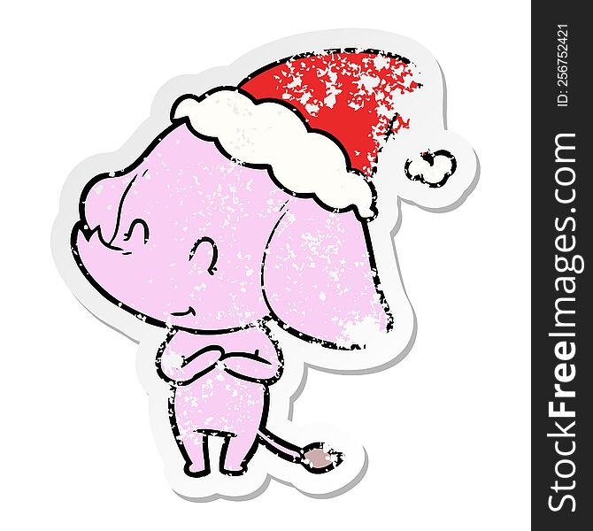 Cute Distressed Sticker Cartoon Of A Elephant Wearing Santa Hat