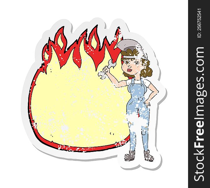 retro distressed sticker of a cartoon woman with spanner