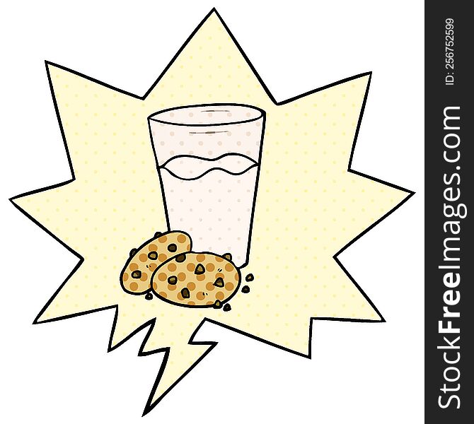 cartoon cookies and milk and speech bubble in comic book style