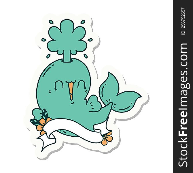 Sticker Of Tattoo Style Happy Squirting Whale Character