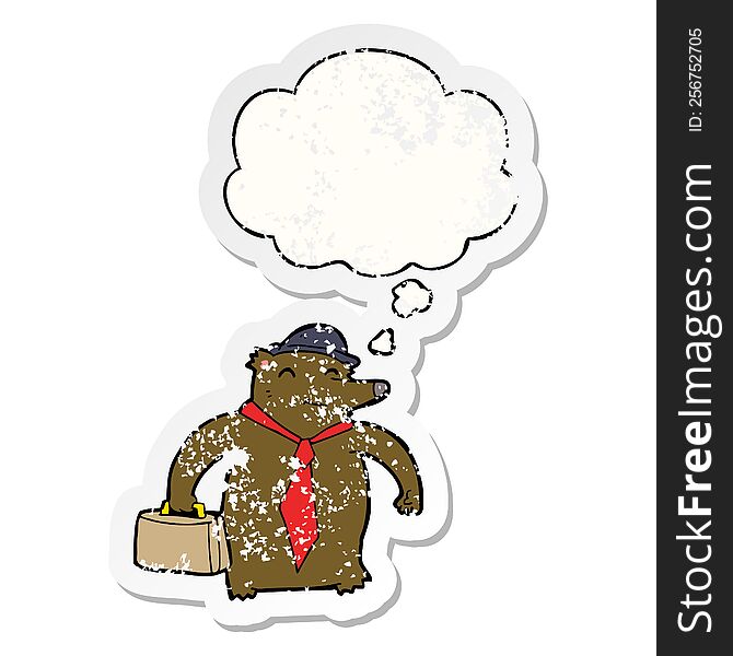 cartoon business bear with thought bubble as a distressed worn sticker