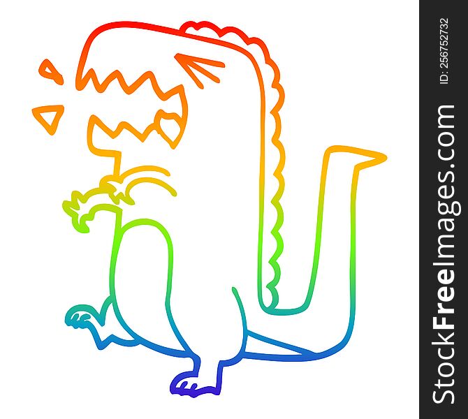 rainbow gradient line drawing of a cartoon roaring dinosaur