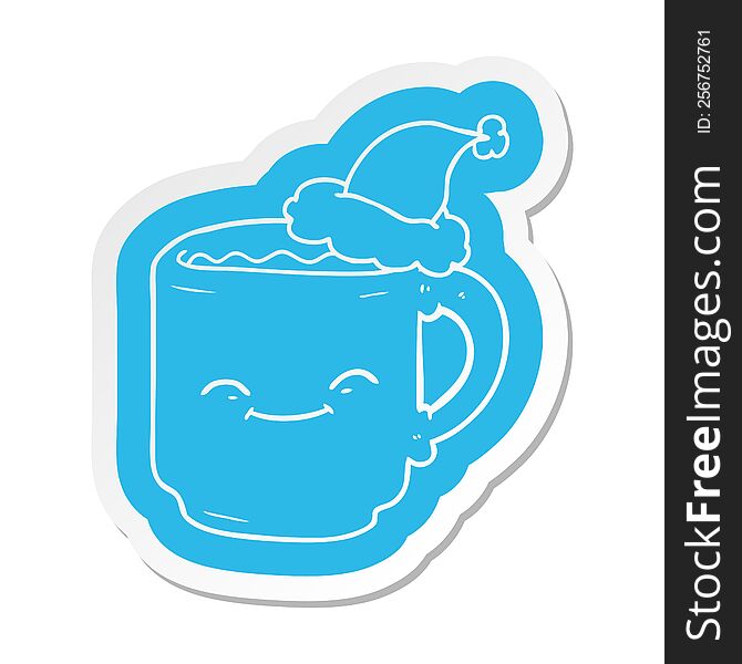 quirky cartoon  sticker of a coffee mug wearing santa hat