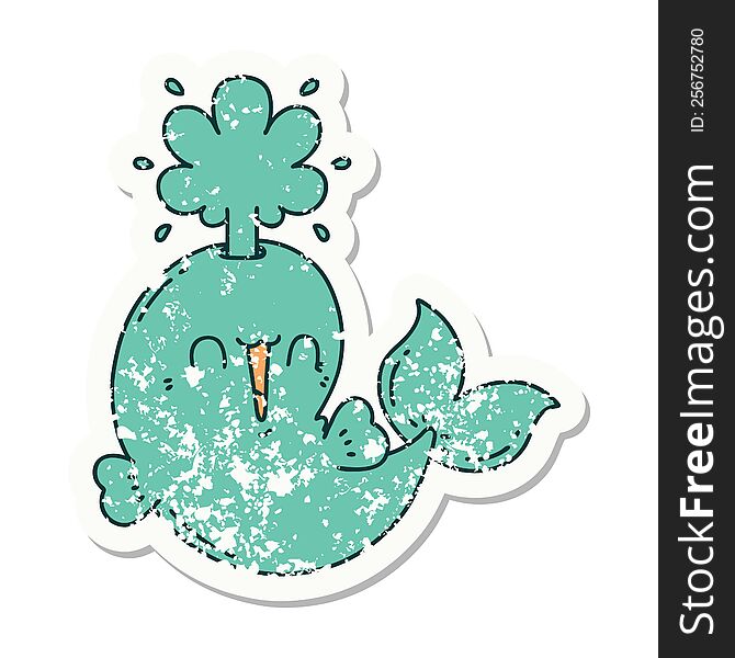 worn old sticker of a tattoo style happy squirting whale character. worn old sticker of a tattoo style happy squirting whale character