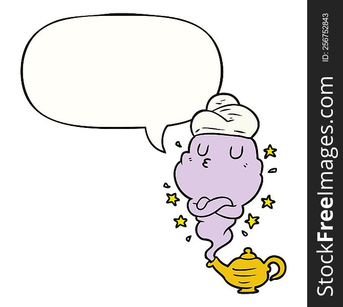 cute cartoon genie rising out of lamp and speech bubble