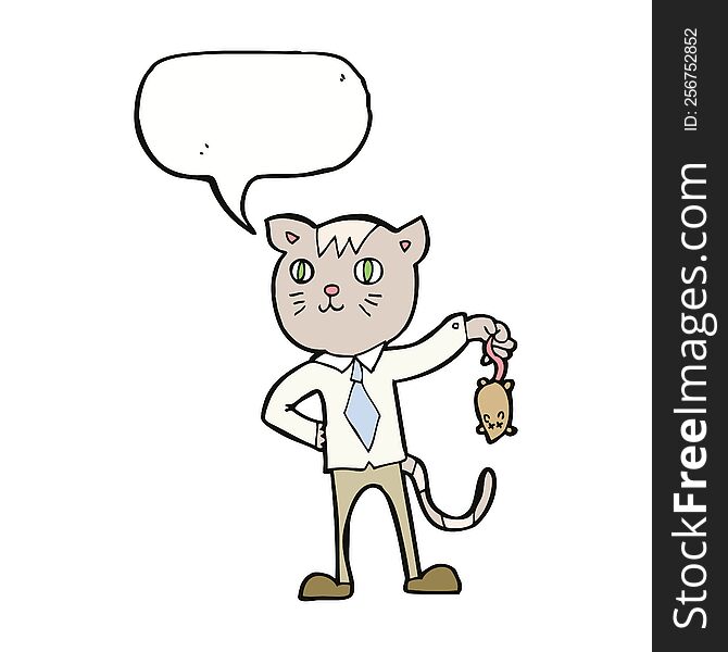cartoon business cat with dead mouse with speech bubble