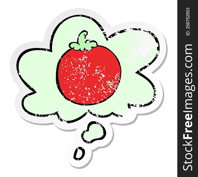 Cartoon Tomato And Thought Bubble As A Distressed Worn Sticker